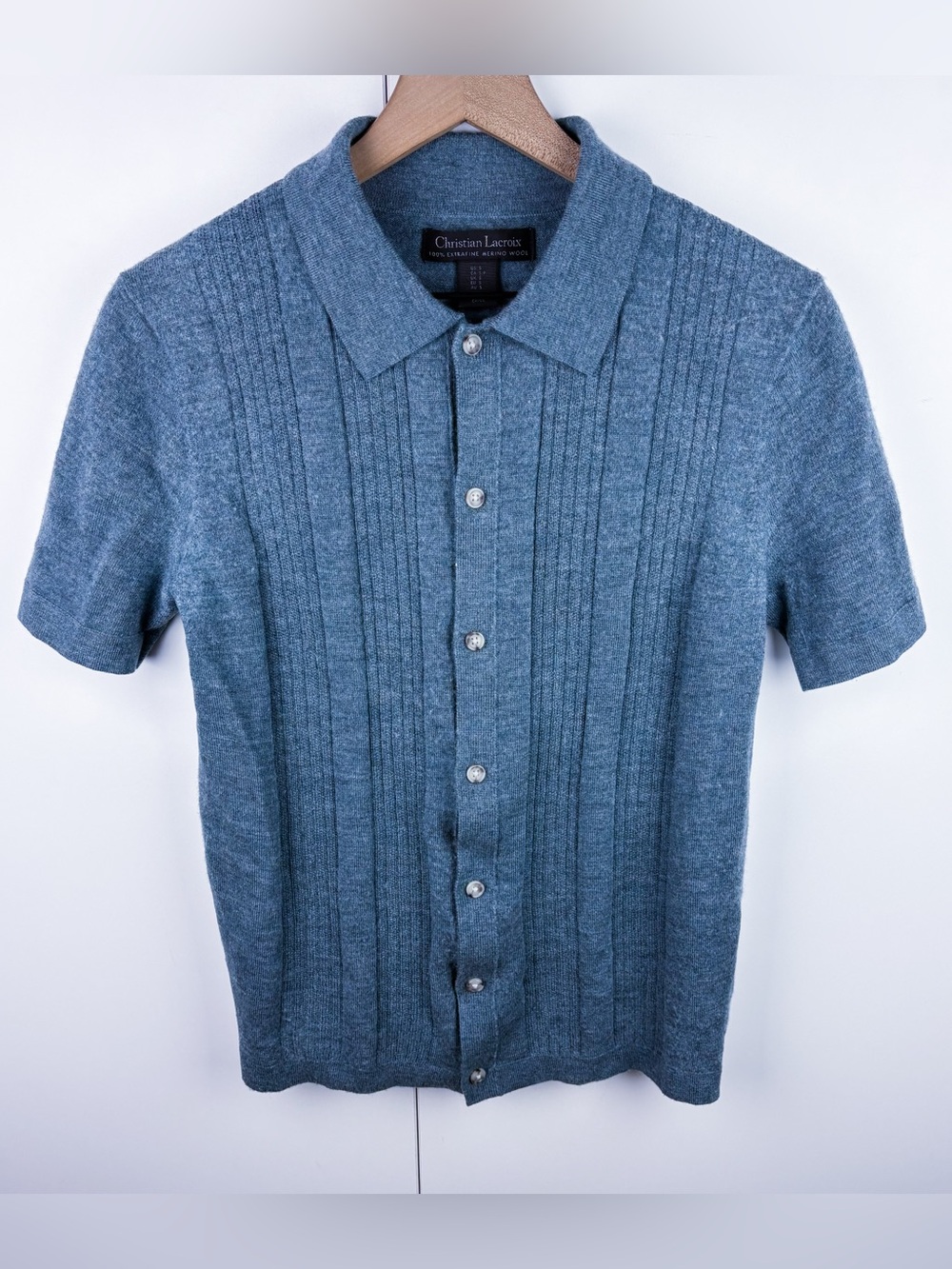 Christian LaCroix 100% Merino Wool Short Sleeve Polo Sweater Shirt Blue Mens